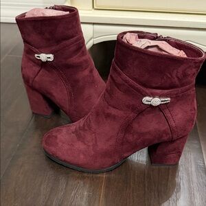 Dream Pairs Burgundy Suede like Ankle Boots with Rhinestone Detail